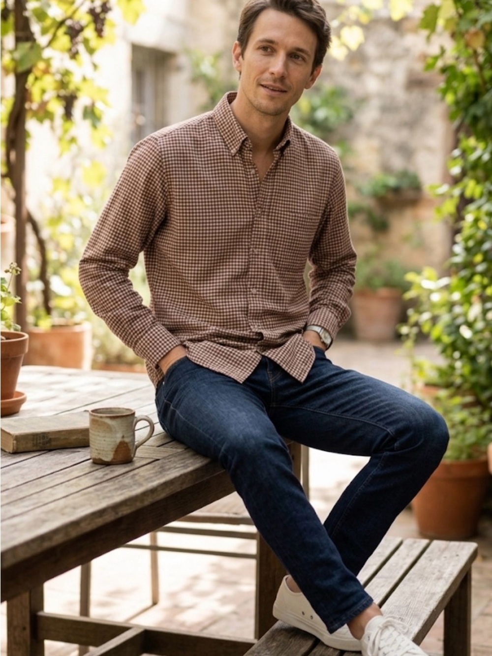 UNIQLO 100% Cotton Gingham Check Button-Down Shirt | Brown & White | Size S